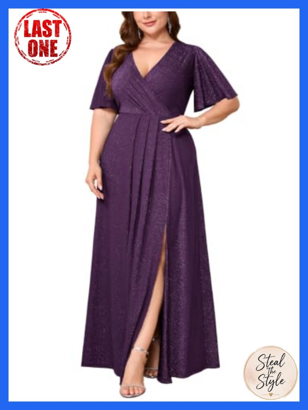 Plus Size Sparkly Formal Maxi Dress Wrap V Neck Ruffle Sleeve Wedding